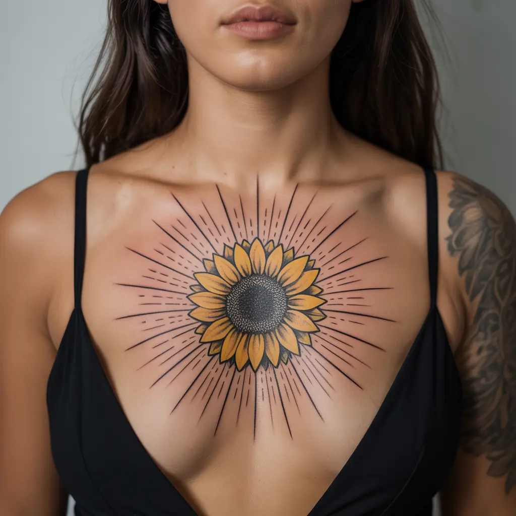 Sunray Bloom — Golden Light Chest Piece
Sunray Bloom chest tattoo female featuring sunflower with radiant golden beams across the upper chest.