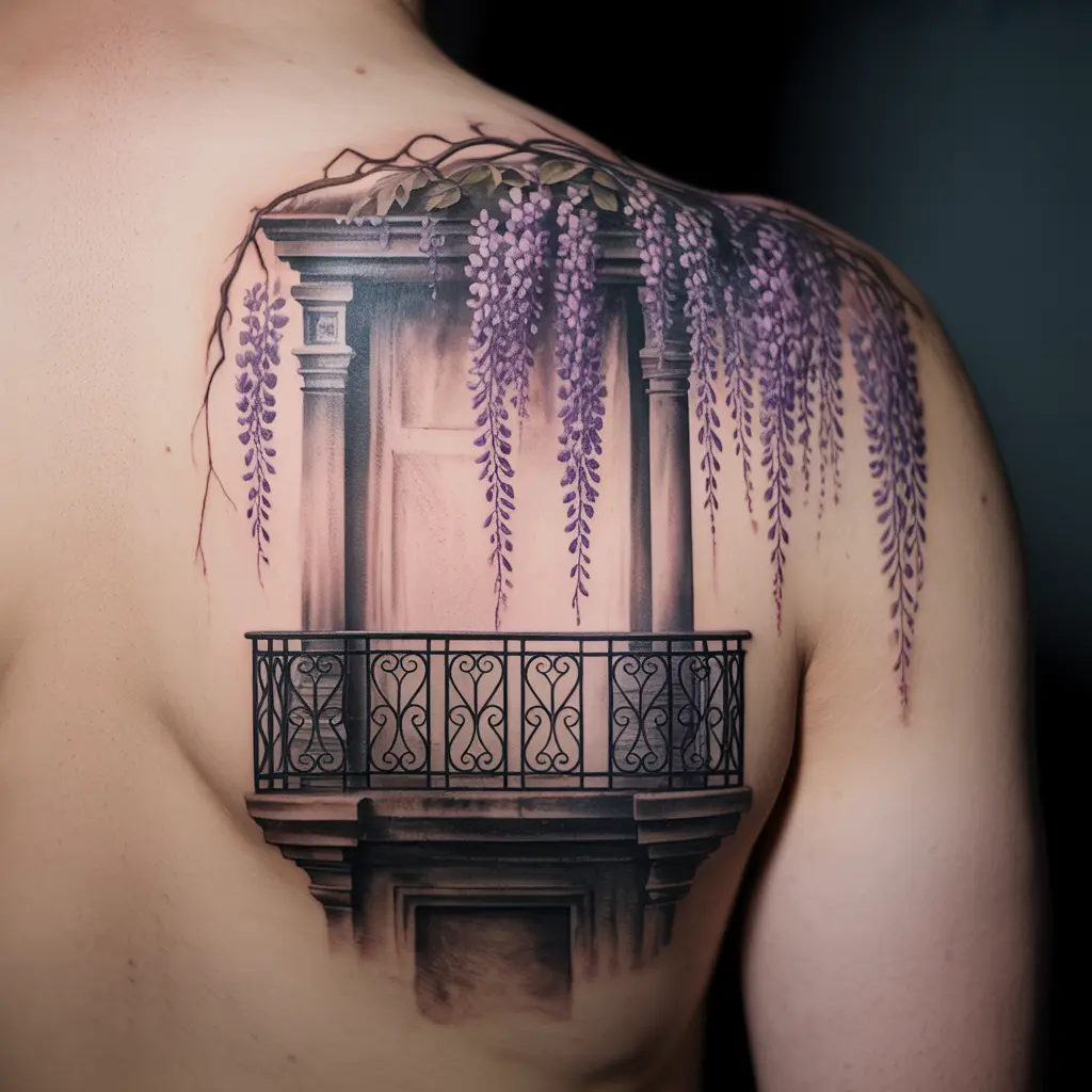 "Wisteria Veil Over Haunted Balcony whimsigoth tattoo of gothic balcony with flowers on back shoulder"