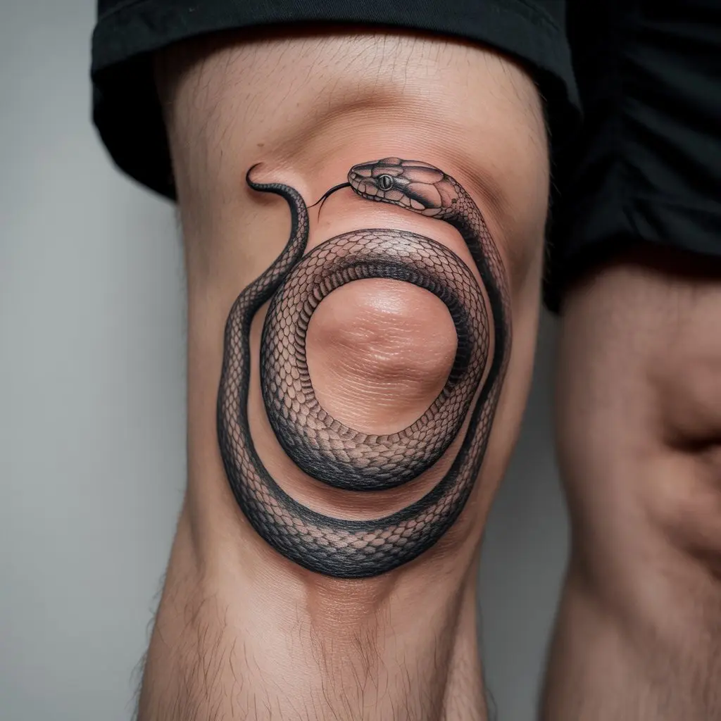 Coiled snake knee cap tattoo with black and grey scales forming a circular frame.

