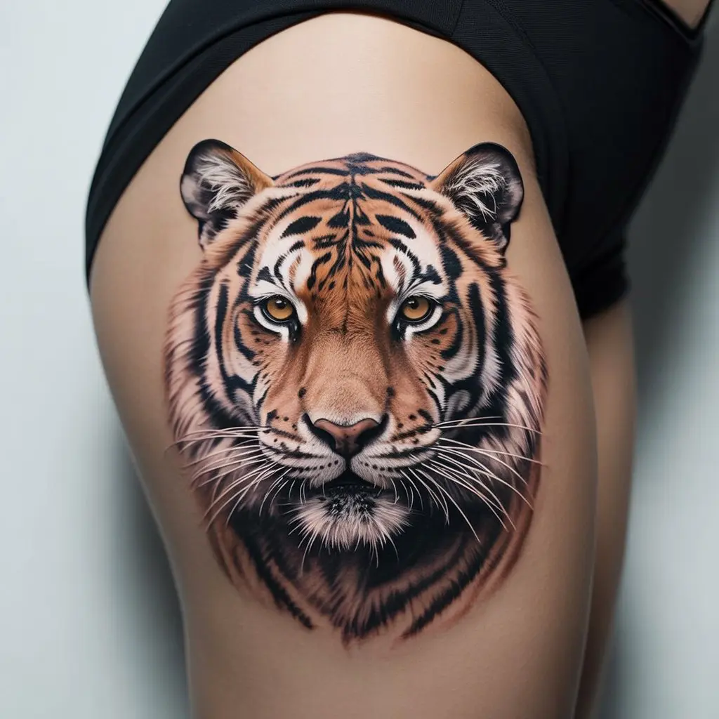 tiger under thigh tattoos women, fierce tiger tattoo design on thigh, bold and powerful feminine body art
