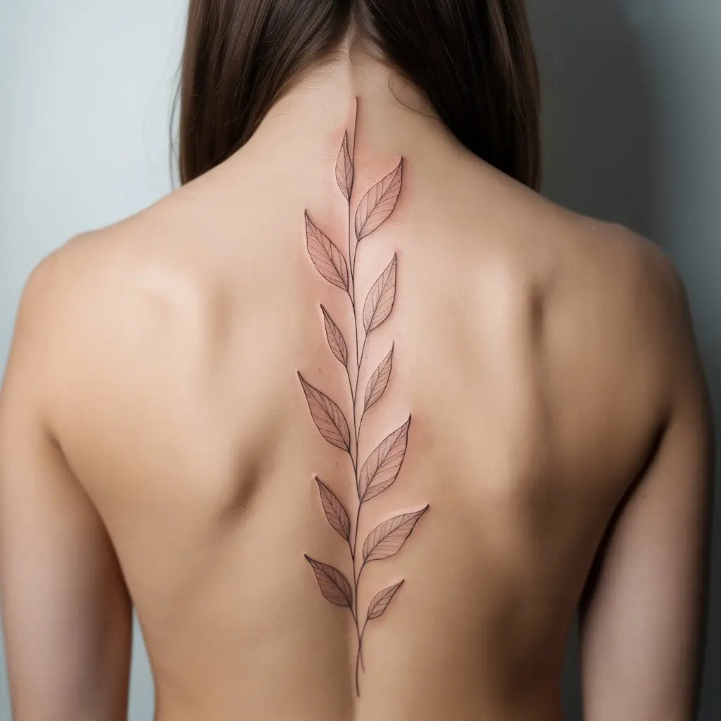 "Equinox Leaf Cascade fall tattoo on spine, vertical line of muted autumn leaves"