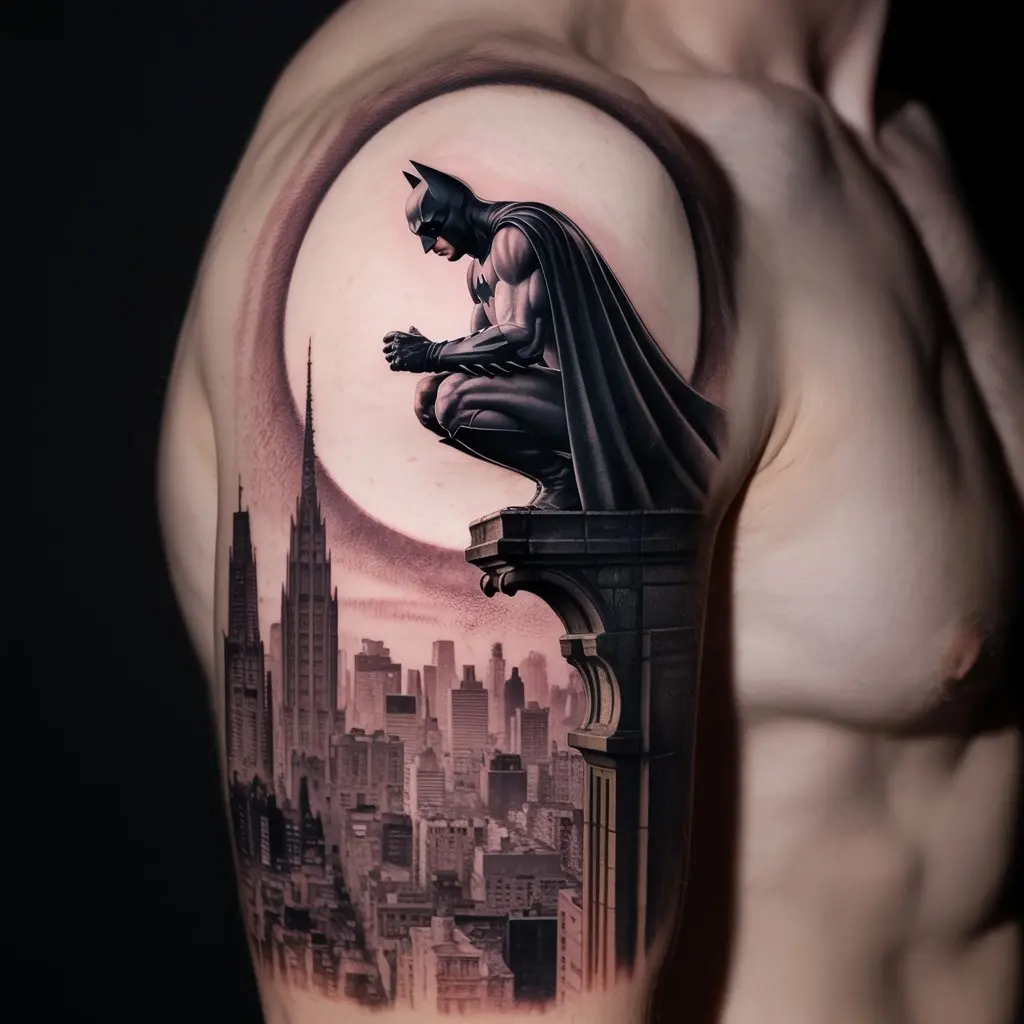 “Shoulder blade Batman tattoo of the Dark Knight on a gargoyle watching Gotham City, symbolizing constant vigilance.”