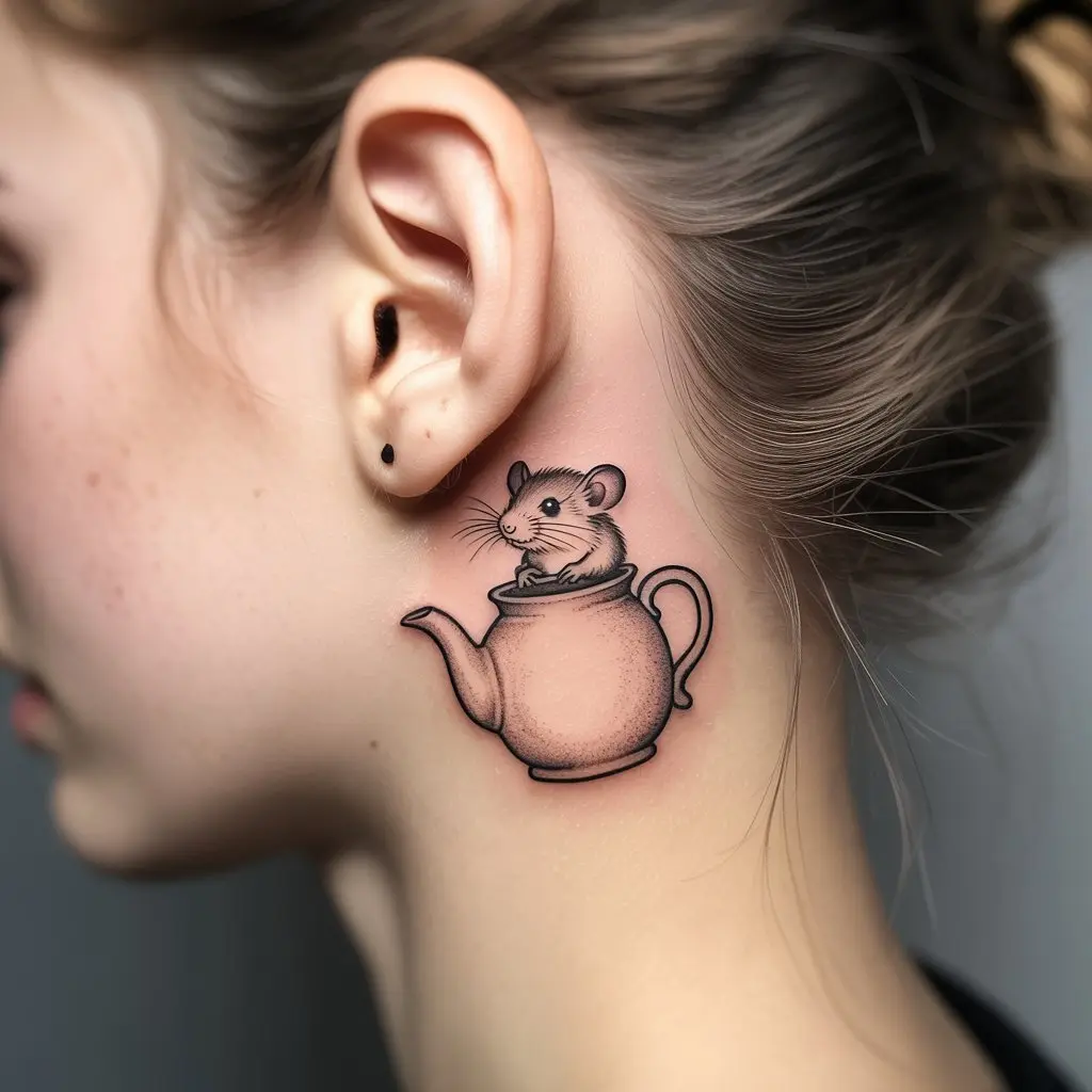 “Small Alice in Wonderland tattoo of a dormouse peeking from teapot, placed behind ear, delicate black ink design symbolizing secrets and wonder.”