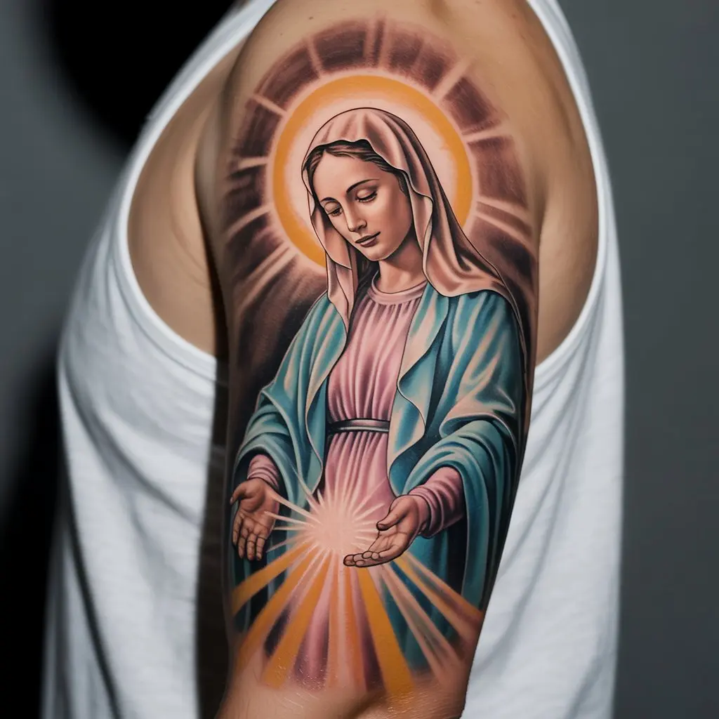 "Virgin Mary tattoo of healing hands on upper arm, detailed realism with extended hands, symbolizing blessings, comfort, and strength."