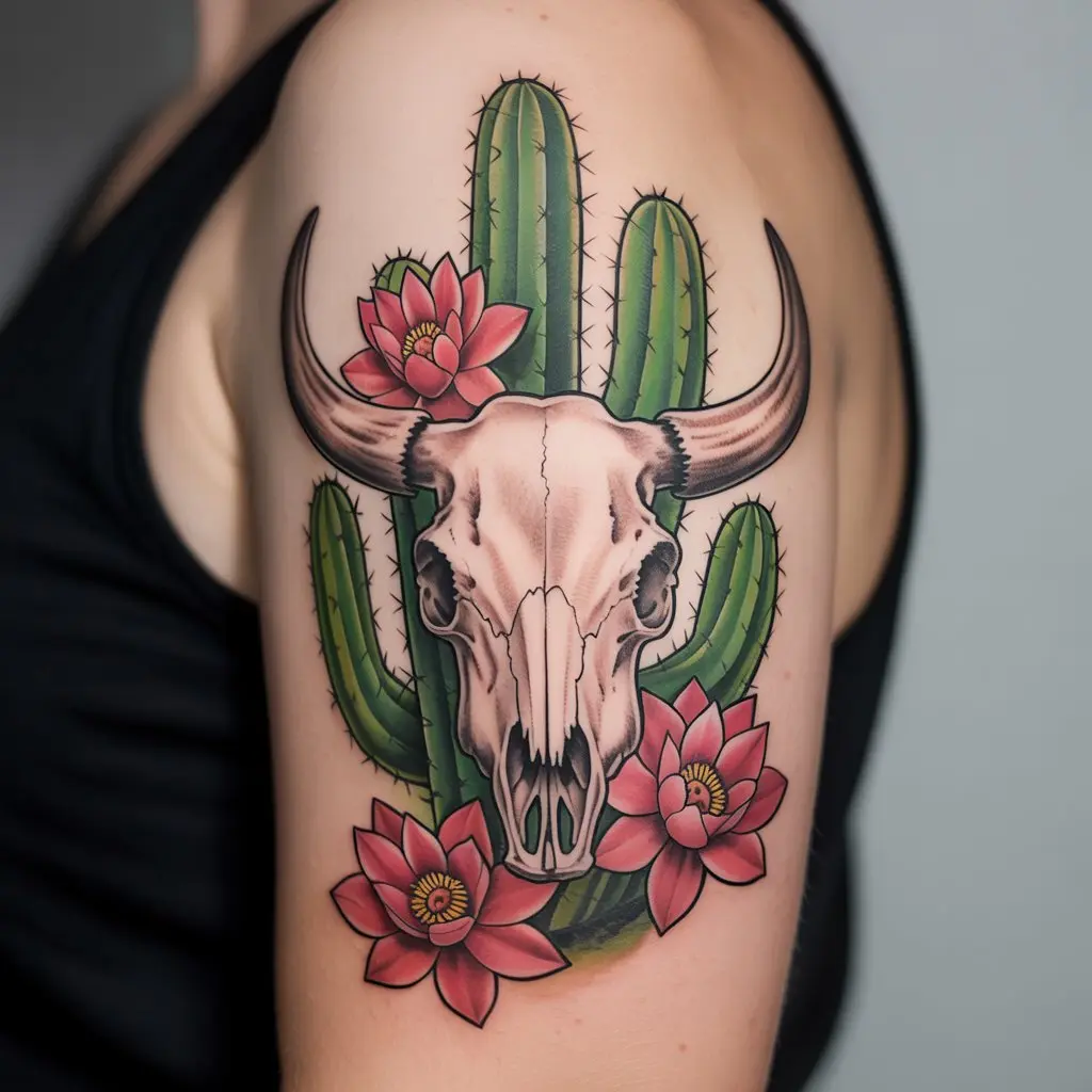 "Cow skull tattoo with cactus flowers on upper arm, symbolizing resilience, survival, and desert beauty."