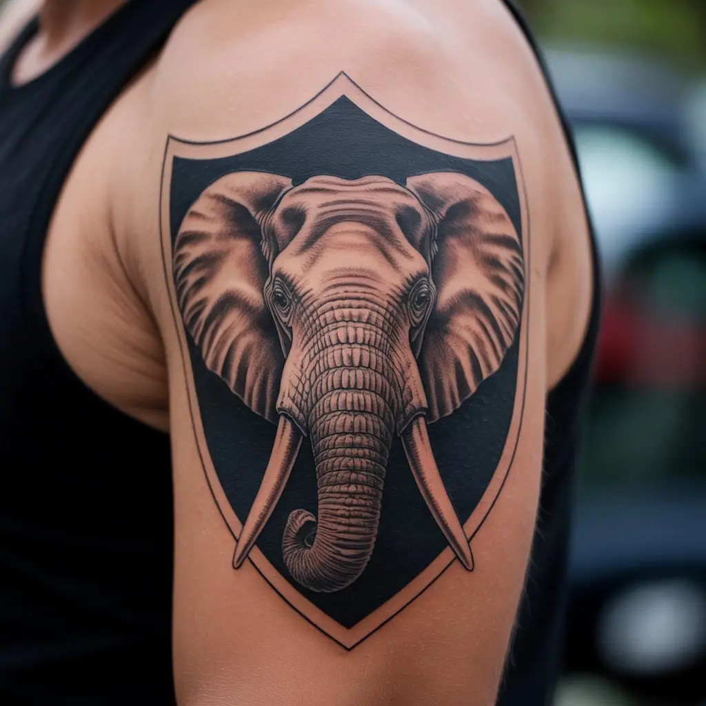 "Elephant shield tattoo on bicep, bold black ink elephant tattoos symbolizing family protection, loyalty, and strength."