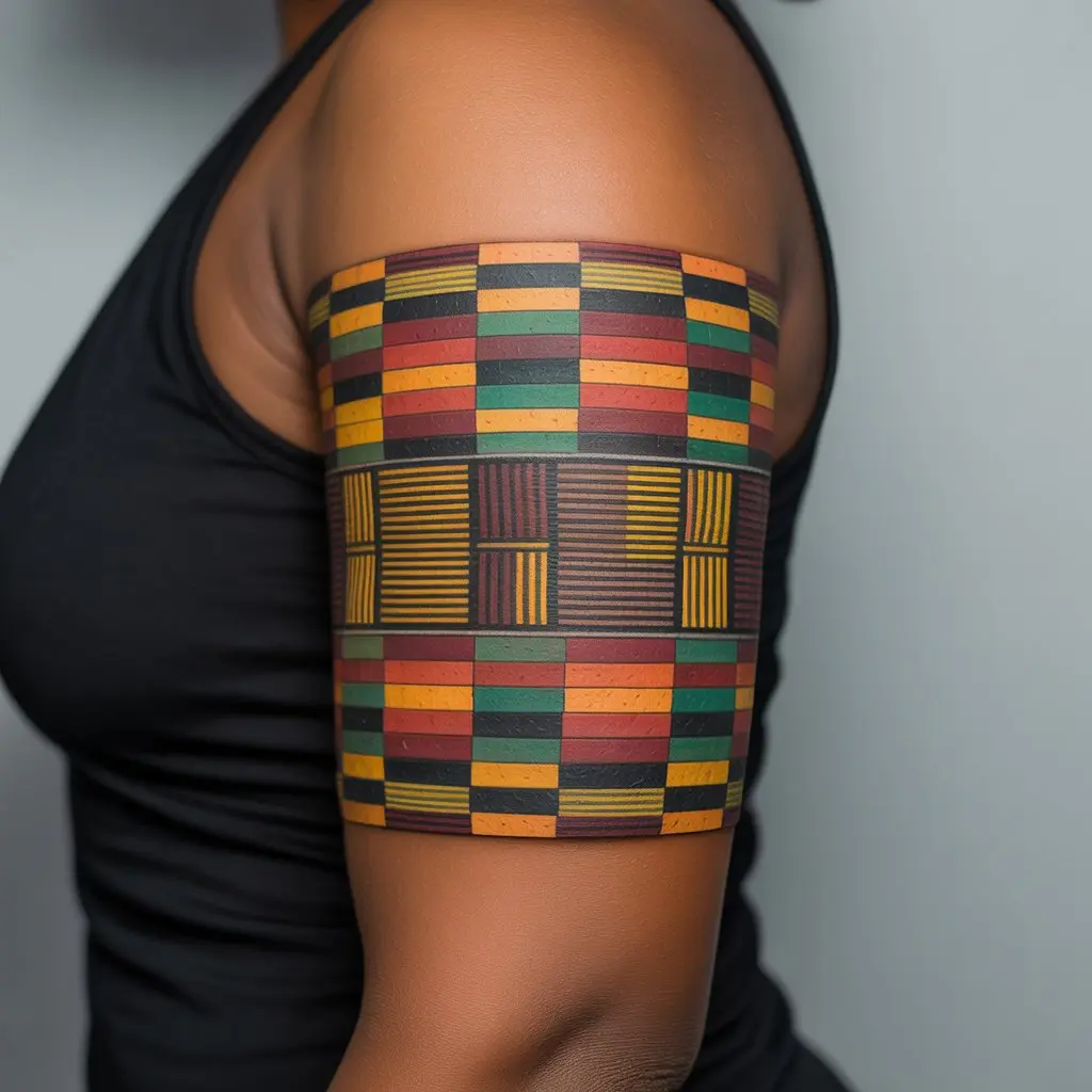 Black women tattoos – colorful Kente cloth pattern tattoo on upper arm, celebrating African woven heritage in photorealistic realism.