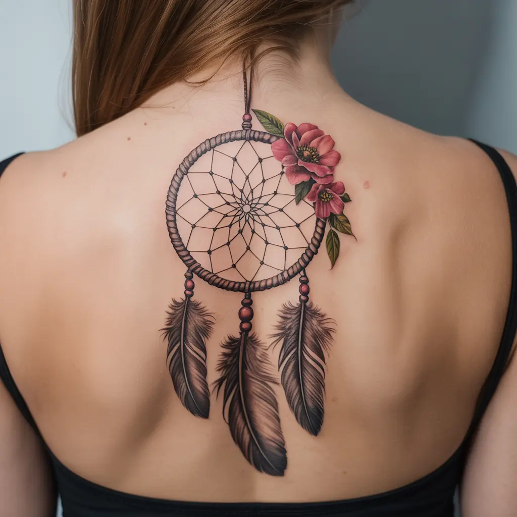 female tattoo ideas dreamcatcher with floral accents protection and peace — Dreamcatcher with flowers tattoo on a woman’s upper back.

