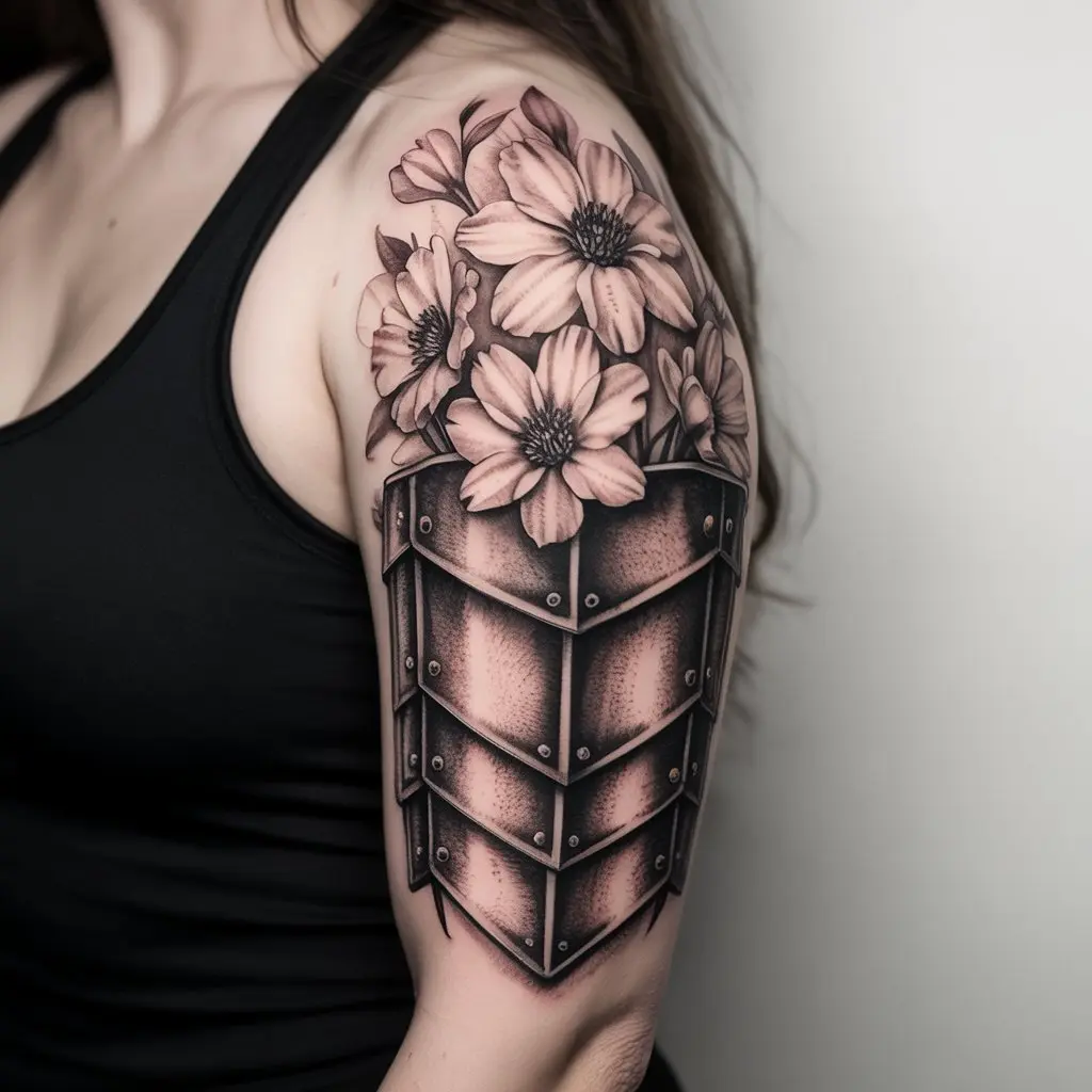 "Feminine power tattoo of floral patterns shaped like armor symbolizing beauty and resilience"


