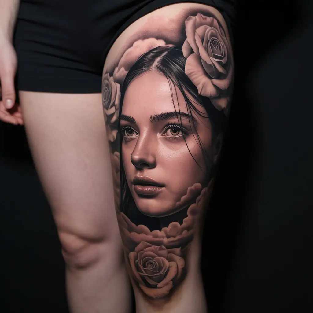 Portrait and Realism Sleeve – leg tattoos women showing a lifelike female portrait blended with roses and clouds.

