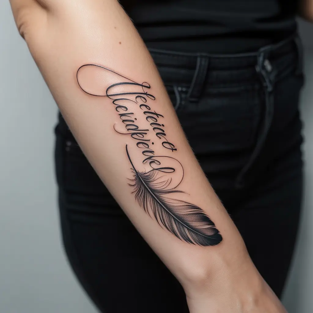 Forearm tattoo women – Script quote with feather forearm ink in elegant calligraphy

