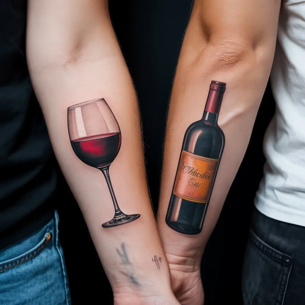 Wine Glass and Bottle Matching Couple Tattoos – Wine glass and bottle matching couple tattoos on forearms, playful romantic body art. 