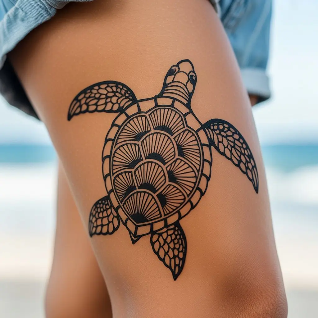 Vibrant Turtle Henna Designs – Vibrant turtle henna tattoo designs with detailed shell patterns on thigh.