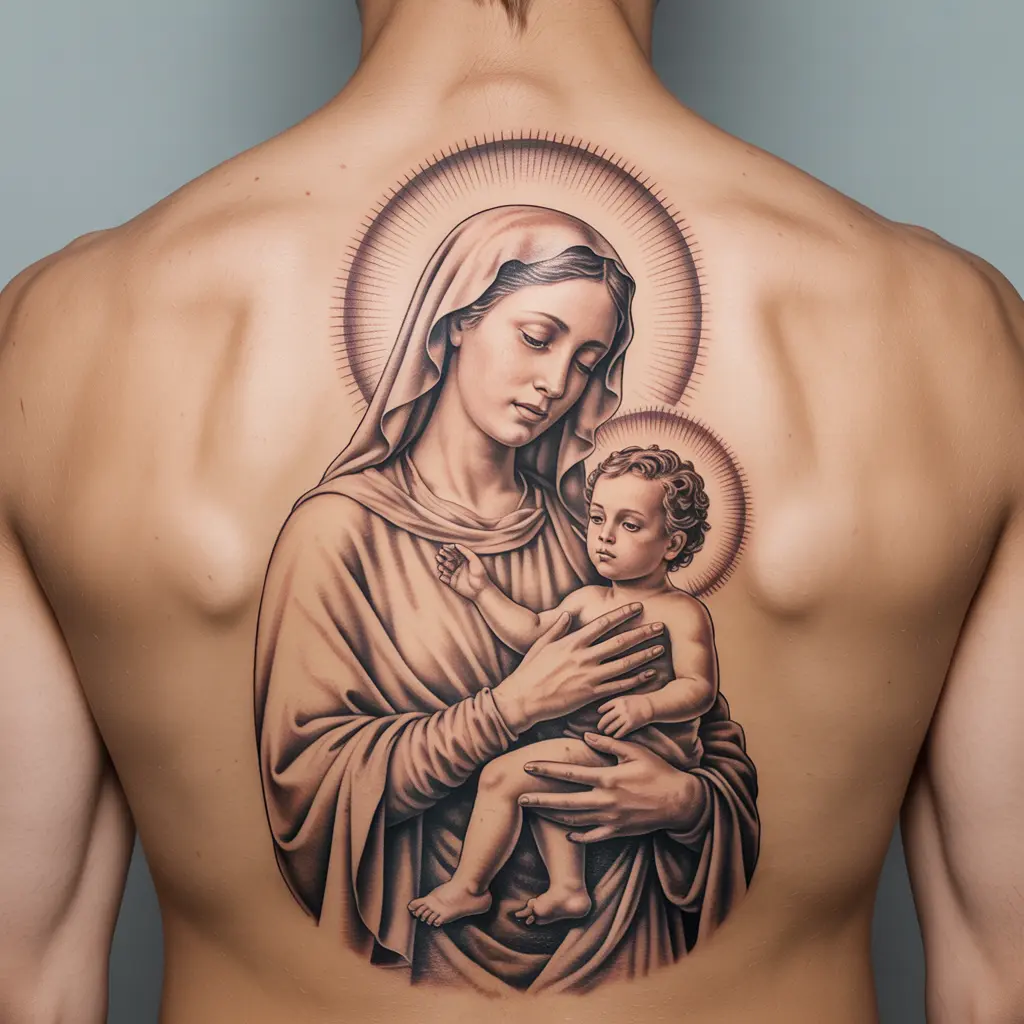 "Eternal Mother Virgin Mary tattoo design on back, showing Mary holding child, detailed shading symbolizing unconditional love and protection."