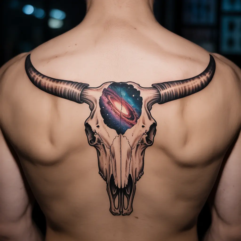 "Cow skull tattoo with galaxy elements inside horns on back, symbolizing cosmic balance, mystery, and spirituality."