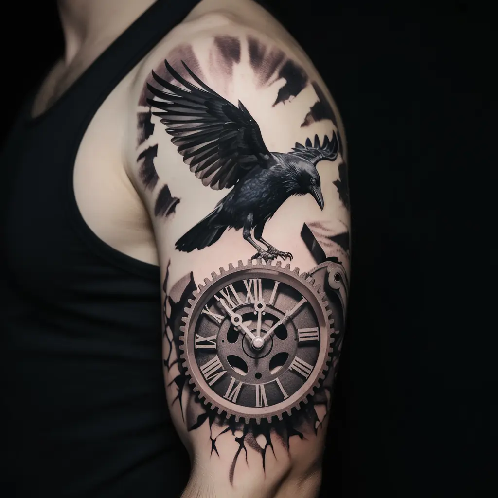 “Upper arm raven tattoo of a bird flying above shattered clock gears, detailed shading symbolizing time and change.”