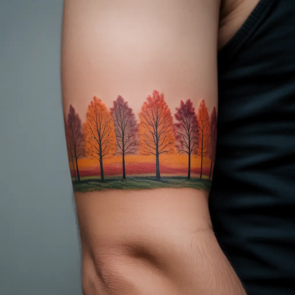 "Sunset Orchard Ink fall tattoo on outer bicep, silhouette of autumn trees against a sunset sky"