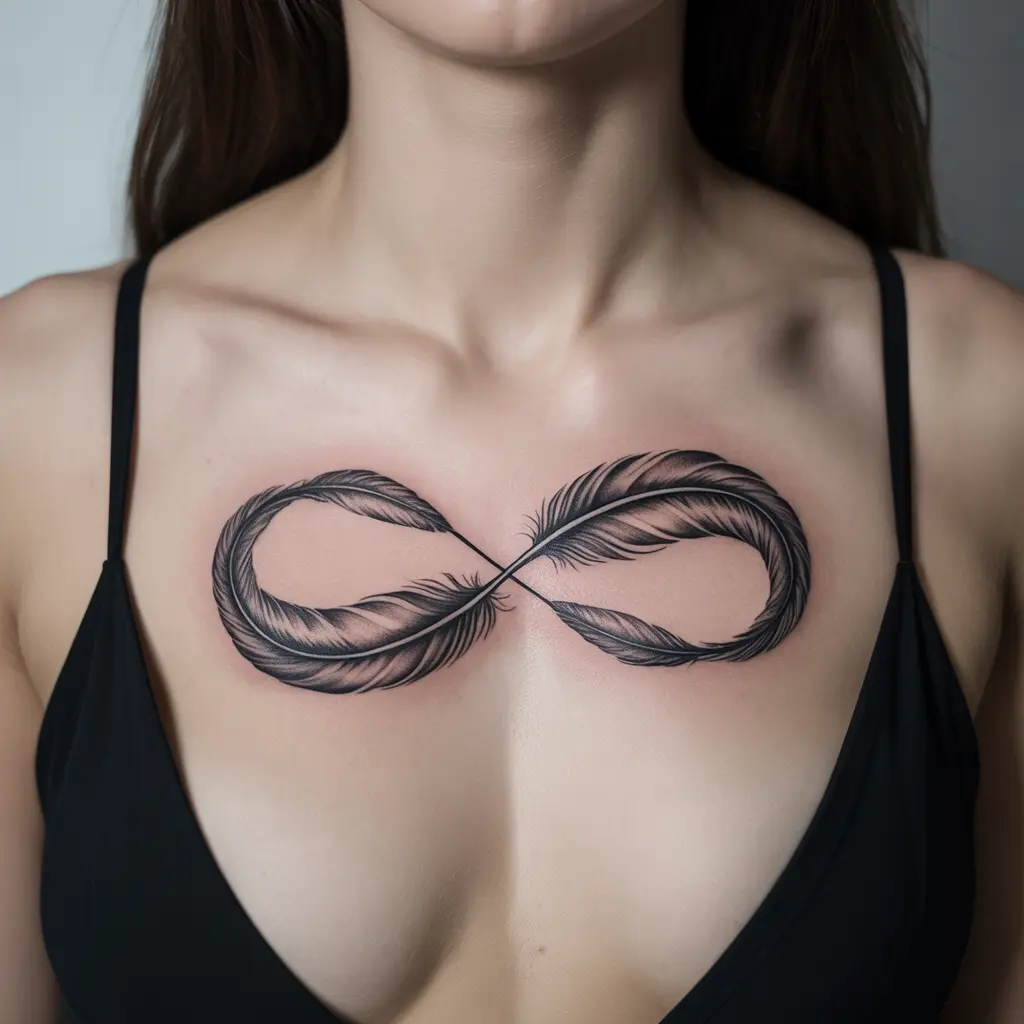 Infinity Feathers — Eternal Flight Above the Heart
Infinity Feathers chest tattoo female with two intertwined feathers forming an infinity symbol above cleavage.