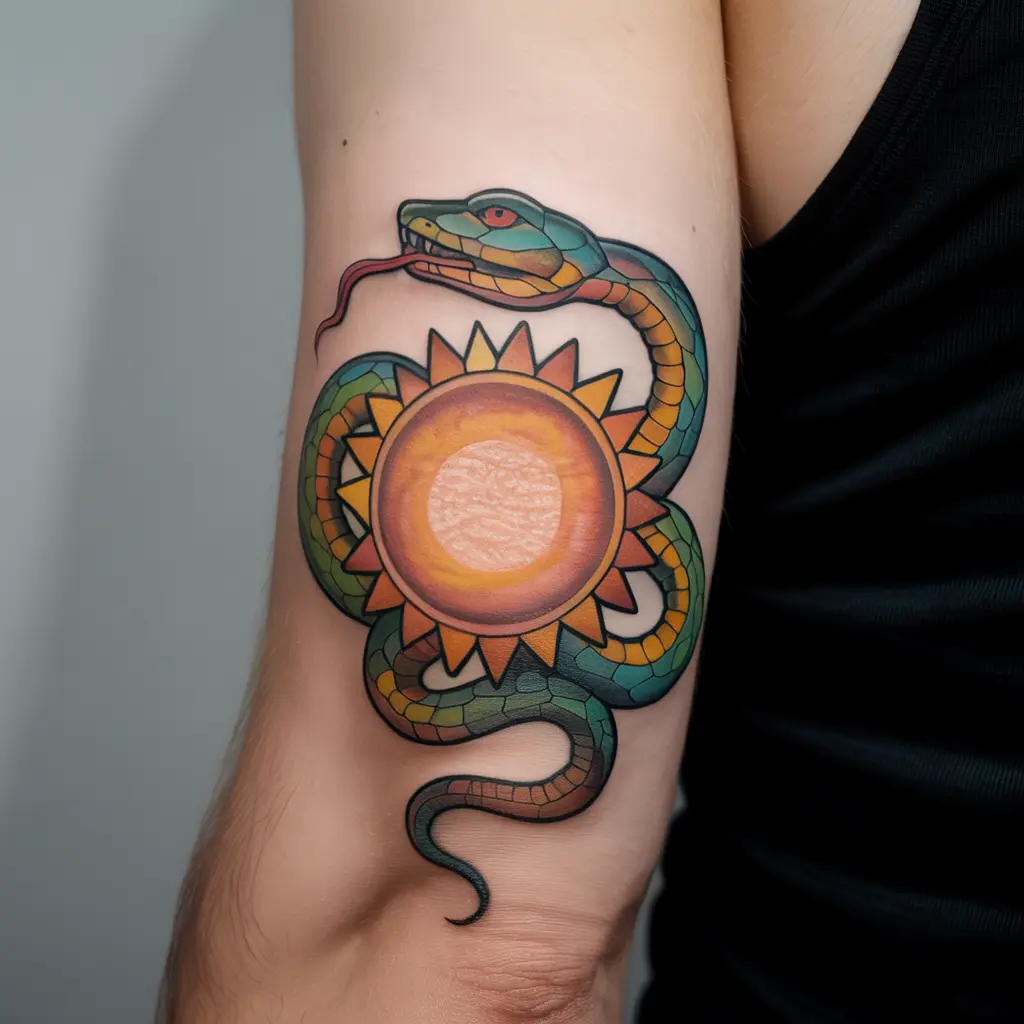 "Serpent Coiled Around Stained Glass Sun whimsigoth tattoo of snake wrapped around stained glass sun on arm"