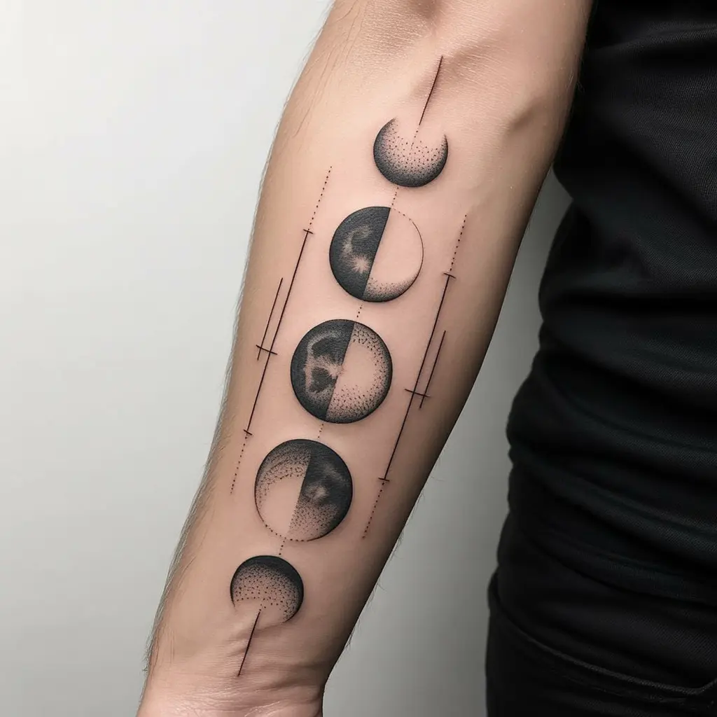 "Abstract tattoo designs — lunar flux tattoo on forearm with abstract moon phases and flux lines."