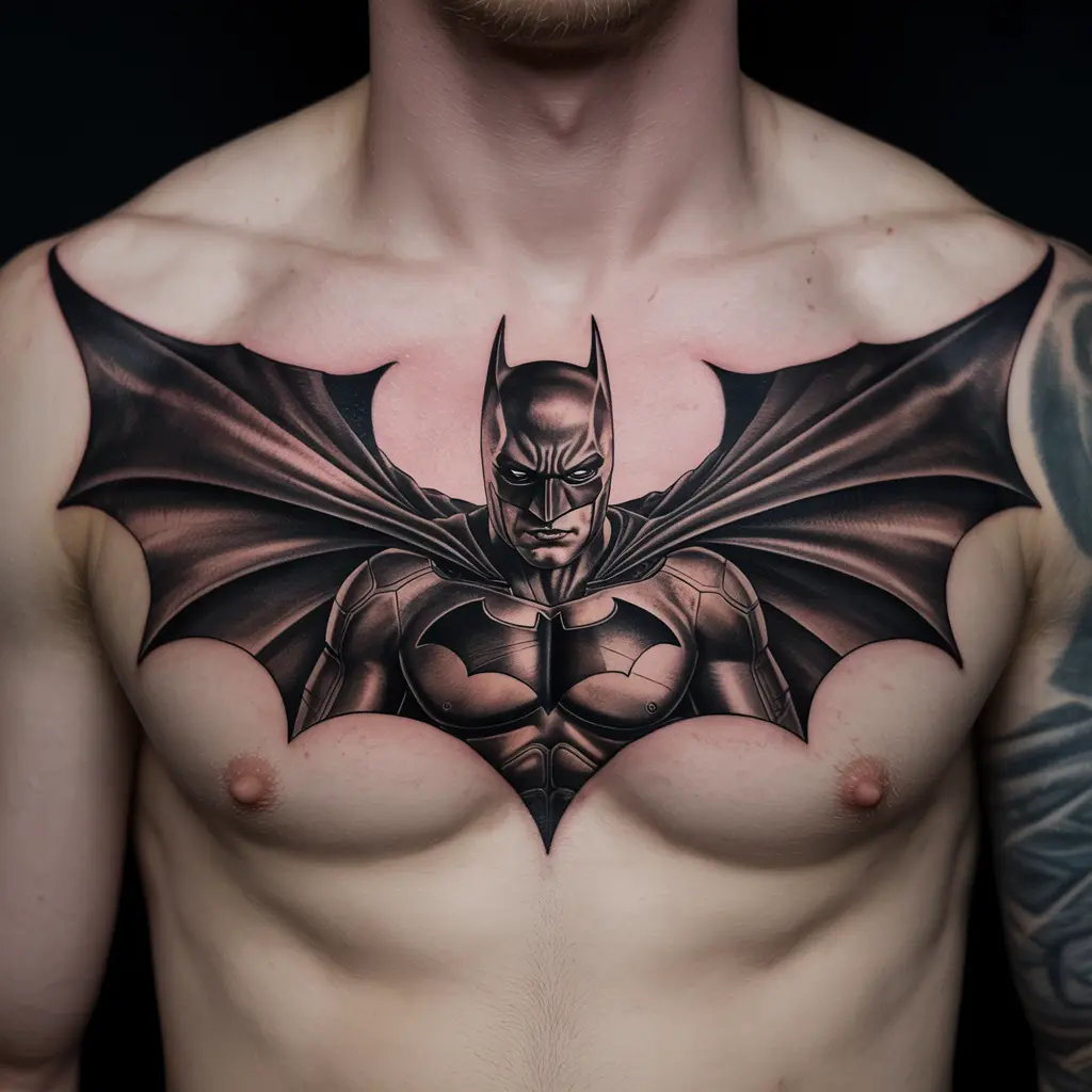 “Chest Batman tattoo with cape wrapping like protective wings, symbolizing vengeance, oath, and protection.”