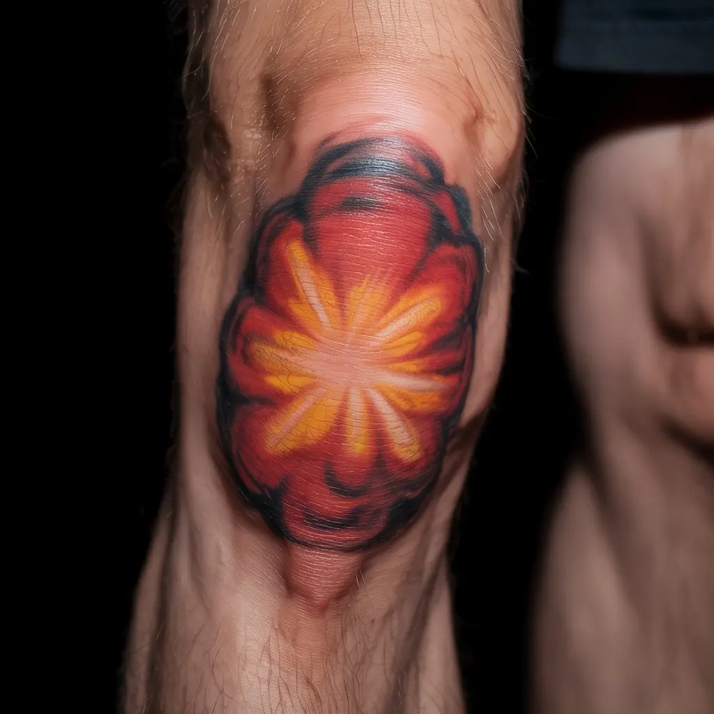 Fireburst knee cap tattoo with vibrant reds, oranges, and yellows radiating from the center.

