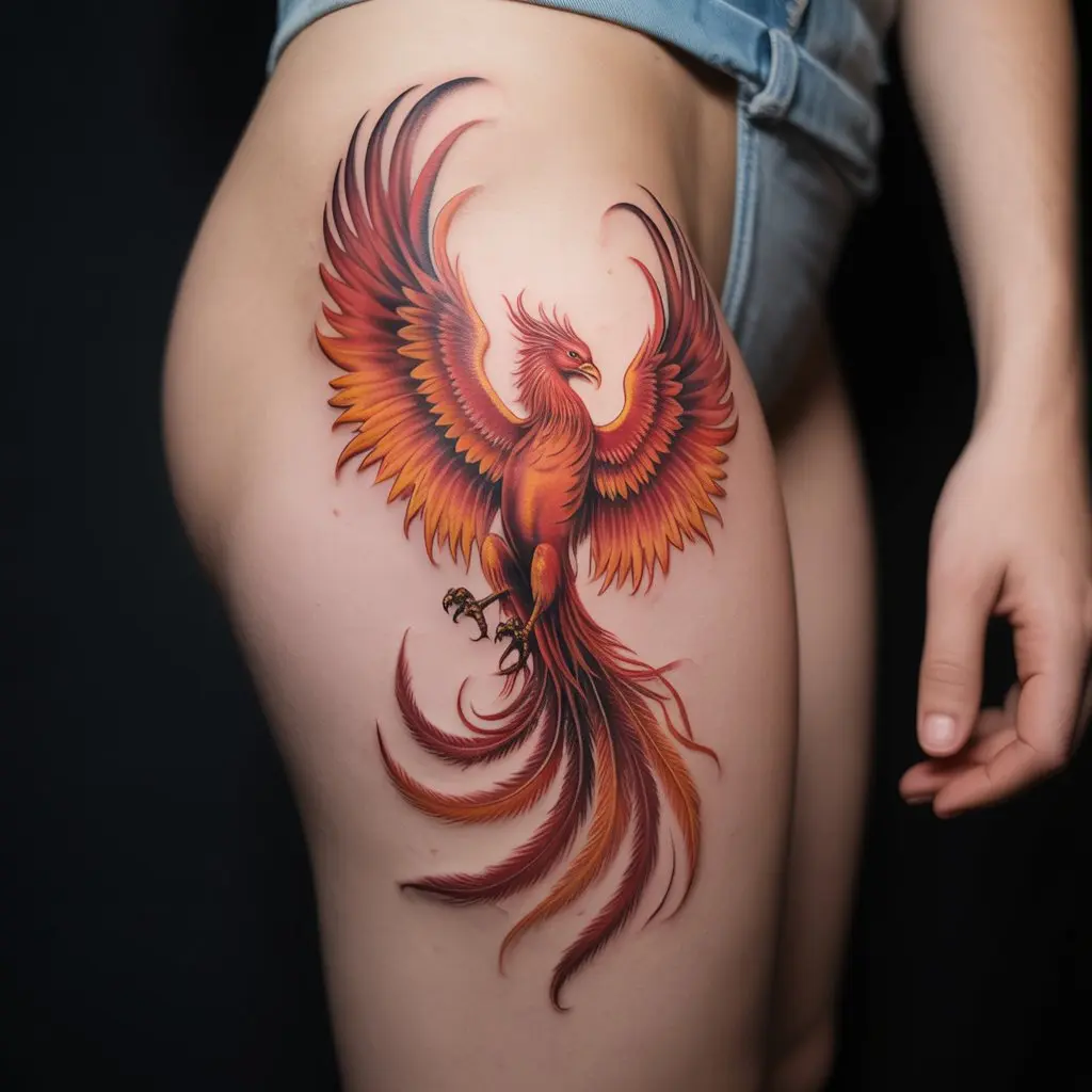 phoenix under thigh tattoos women, colorful phoenix tattoo design on thigh, rebirth and transformation body art