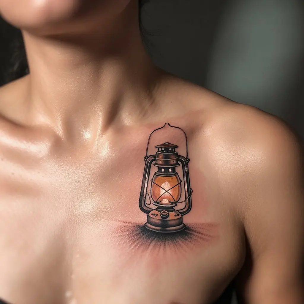 Lantern Glow collar bone tattoo of a small vintage lantern with soft warm tones, symbolizing hope and guidance.