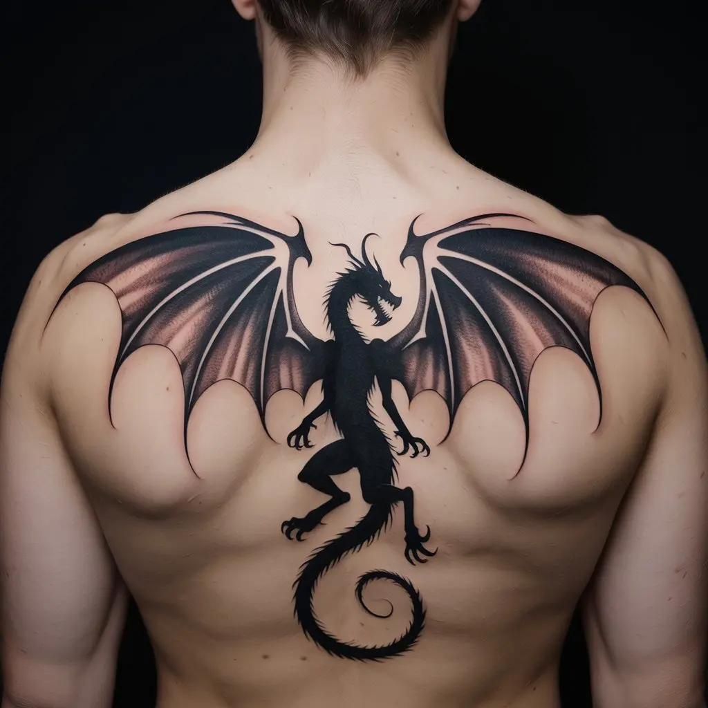 “Dark Alice in Wonderland tattoo of Jabberwock’s shadowy wings and claws on upper back, bold black ink design symbolizing courage and overcoming fears.”
