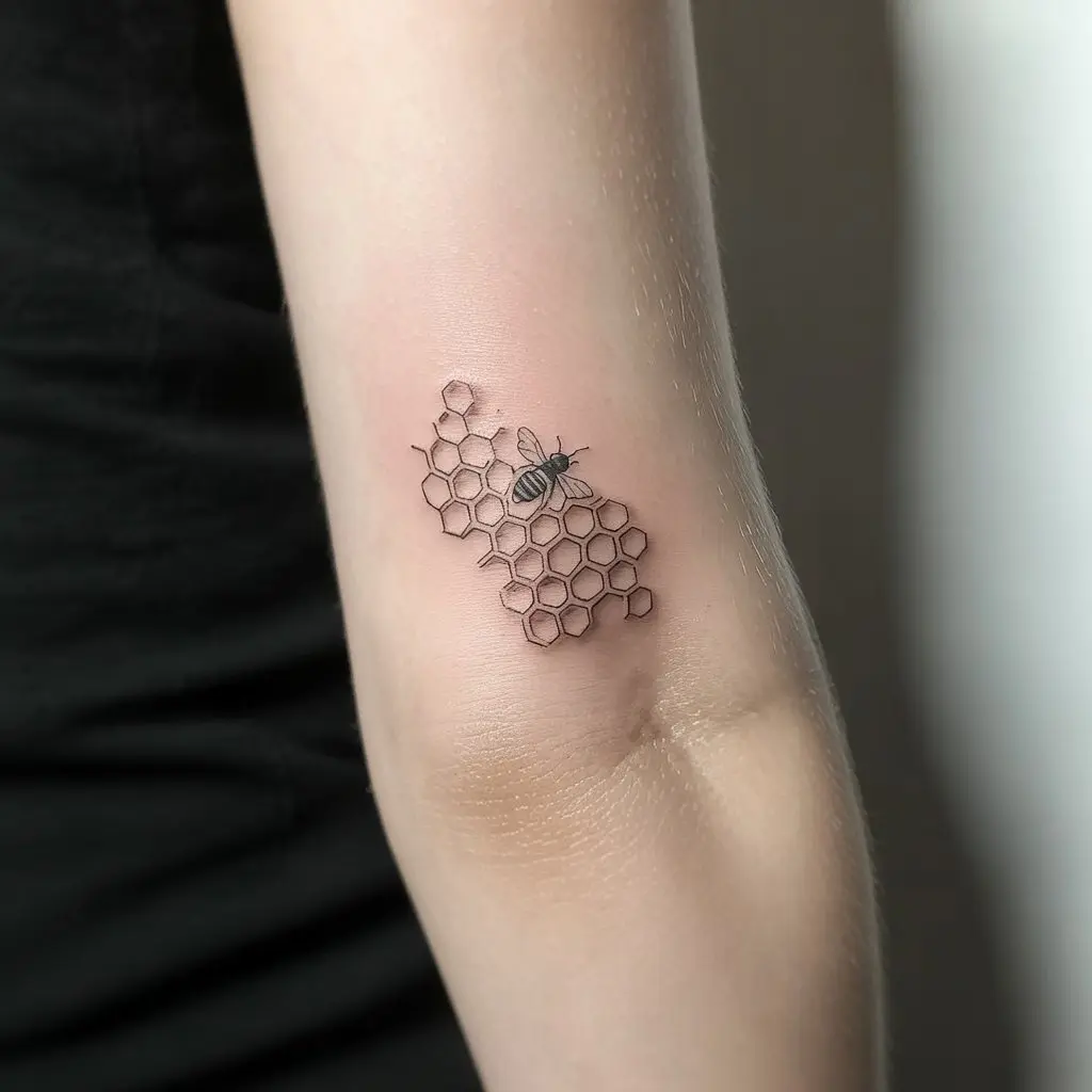 Whispers of the Honeycomb
"Whispers of the Honeycomb Honey Bee Tattoo on inner forearm with partial honeycomb and tiny bee, minimal and elegant design."