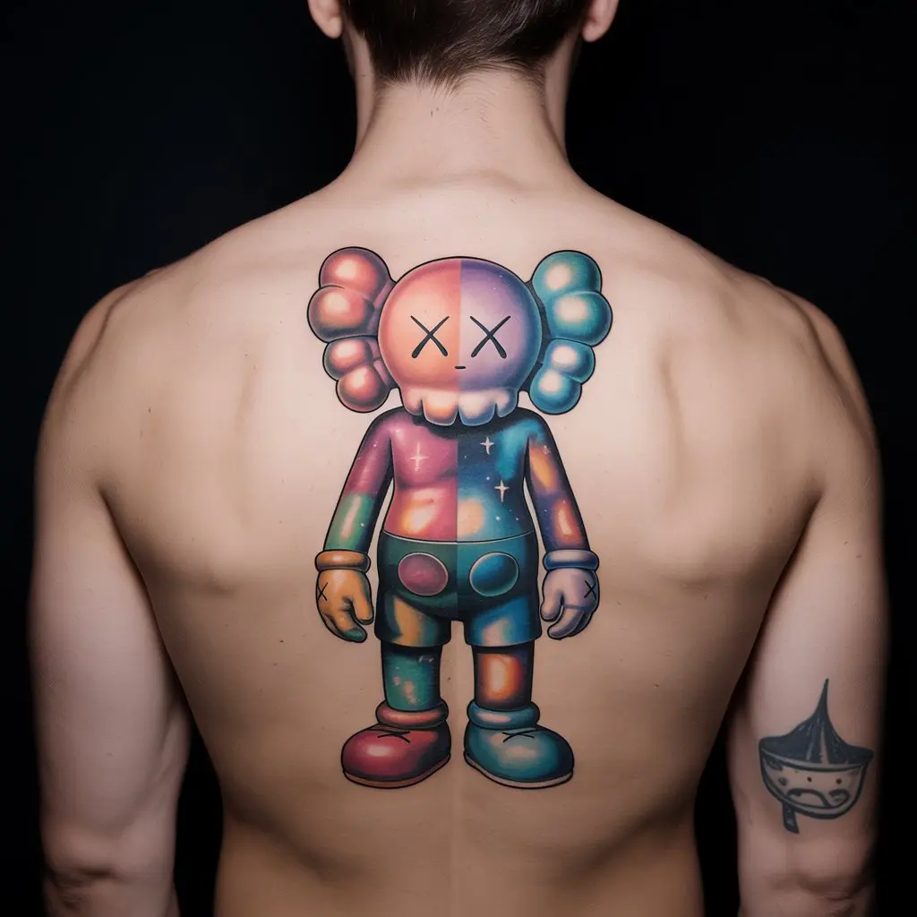 KAWS tattoo of a Companion with stars and galaxy background, back piece symbolizing cosmic connection.