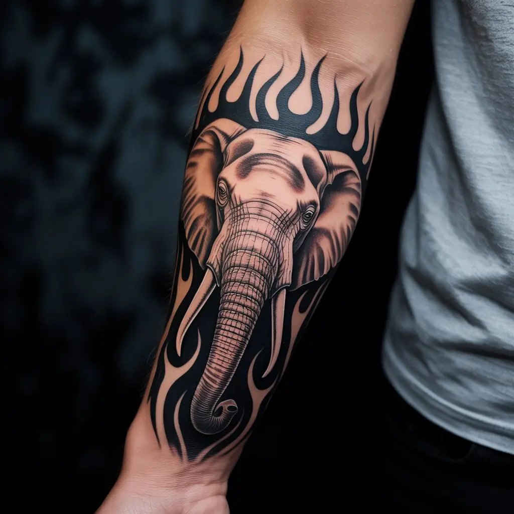 "Tribal flame elephant tattoo on forearm, bold tribal elephant tattoos representing courage, energy, and warrior spirit."