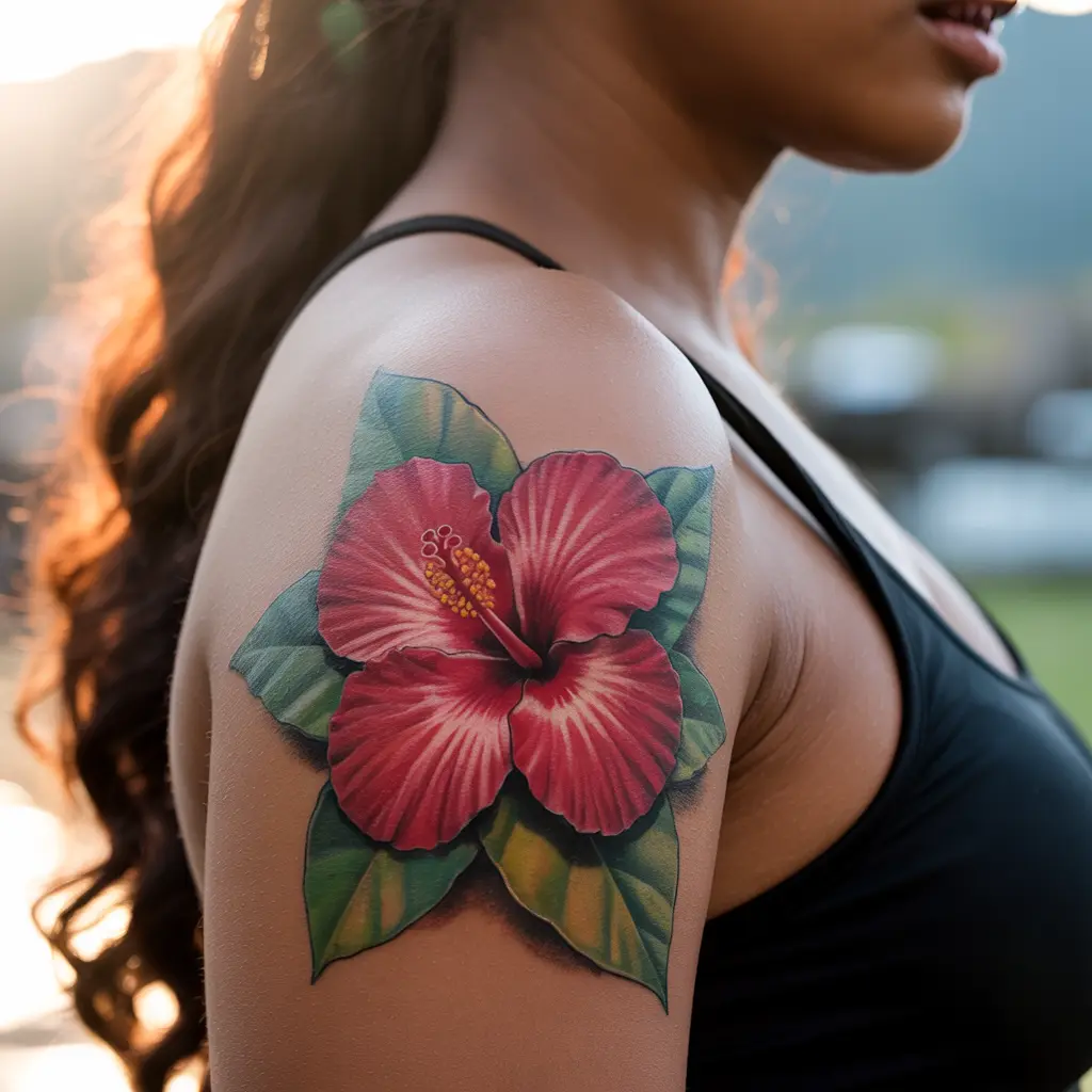 Black women tattoos – vibrant hibiscus flower tattoo on shoulder, representing tropical beauty and feminine grace.