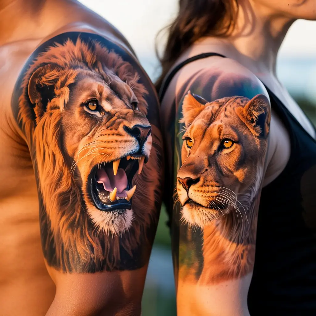 Lion and Lioness Matching Couple Tattoos – Realistic lion and lioness matching couple tattoos on upper arms, powerful love symbolism. 
