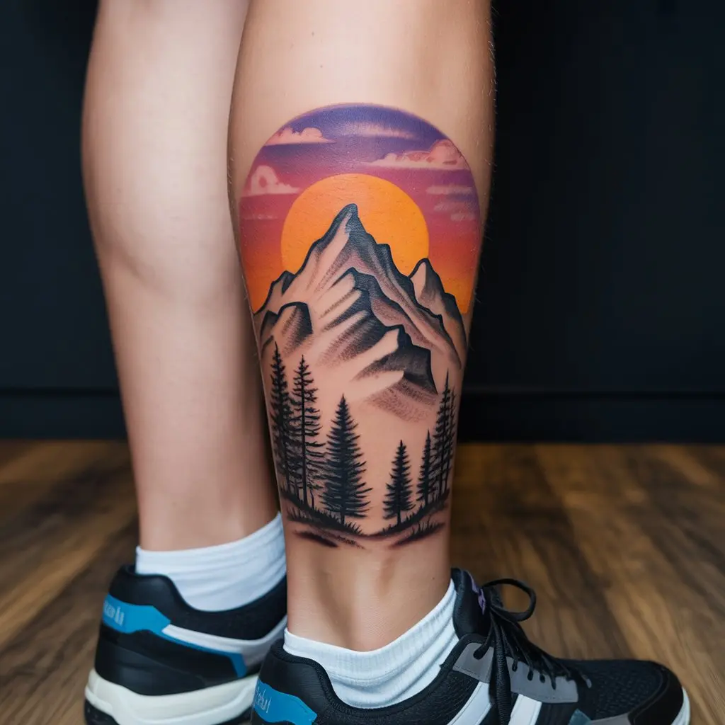 female tattoo ideas mountain silhouette strength and adventure — Mountain silhouette tattoo on a woman’s calf, sunset colors.

