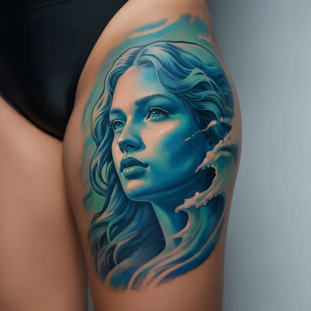 "Feminine power tattoo of ocean waves with a feminine face silhouette symbolizing emotional strength"


