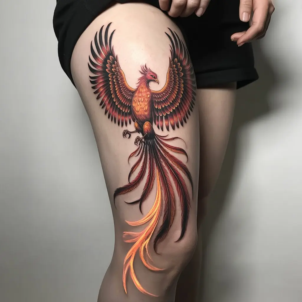 Phoenix Rising – leg tattoos women with a fiery phoenix climbing the leg in detailed feather and flame effects.

