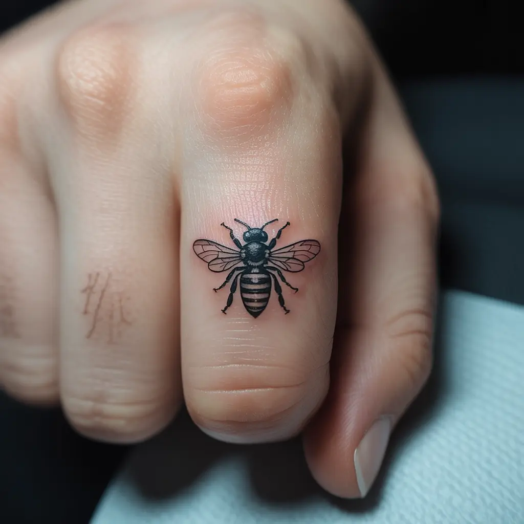 Tiny Giant of Nature
"Tiny Giant of Nature Honey Bee Tattoo on finger with small but detailed bee, realistic micro tattoo with powerful meaning."