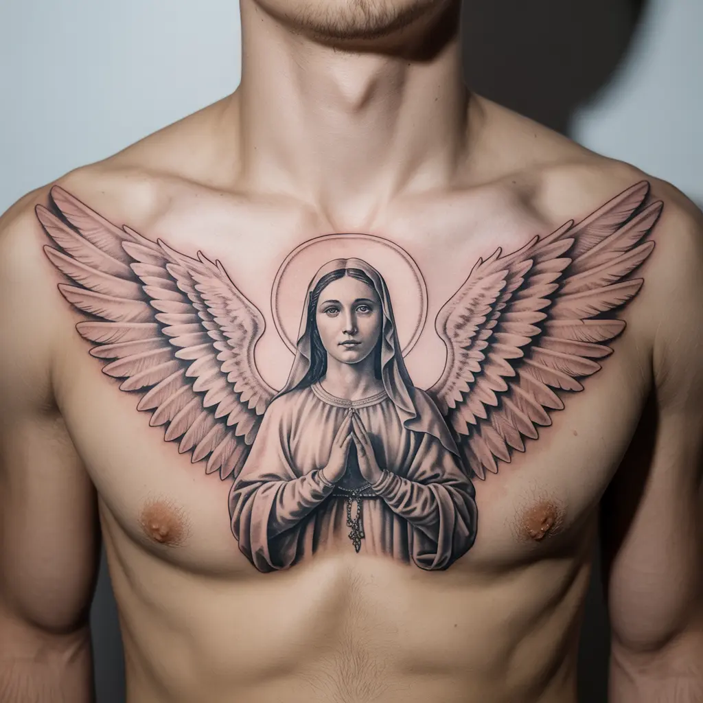 "Virgin Mary tattoo with angelic wings on chest, realistic shading and detail, symbolizing purity, guidance, and divine guardianship."