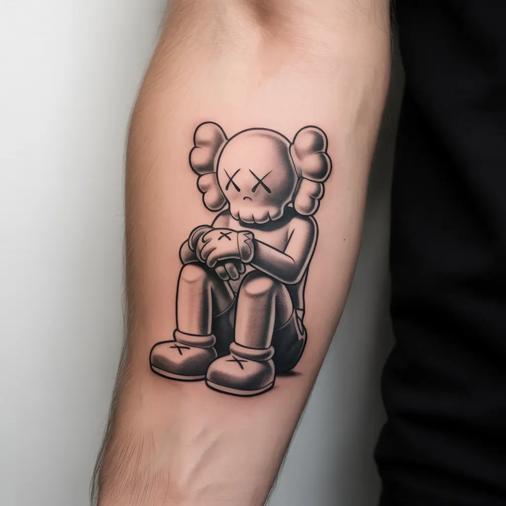 Forearm KAWS tattoo of a sad Companion sitting down with X-eyes, black and grey ink representing reflection and melancholy.