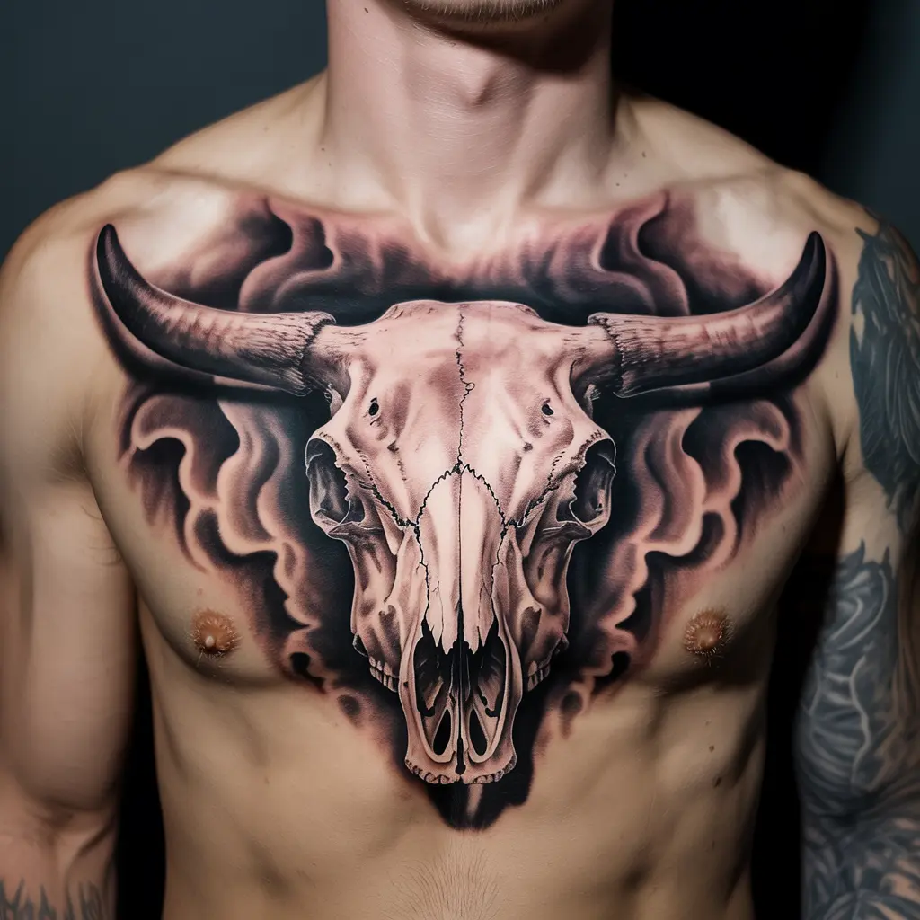 "Dark shaded cow skull tattoo with smoky effects on chest, representing mystery, power, and Western strength."