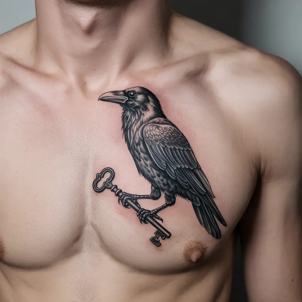 “Chest raven tattoo carrying a skeleton key, realistic black and gray shading representing unlocking inner wisdom.”