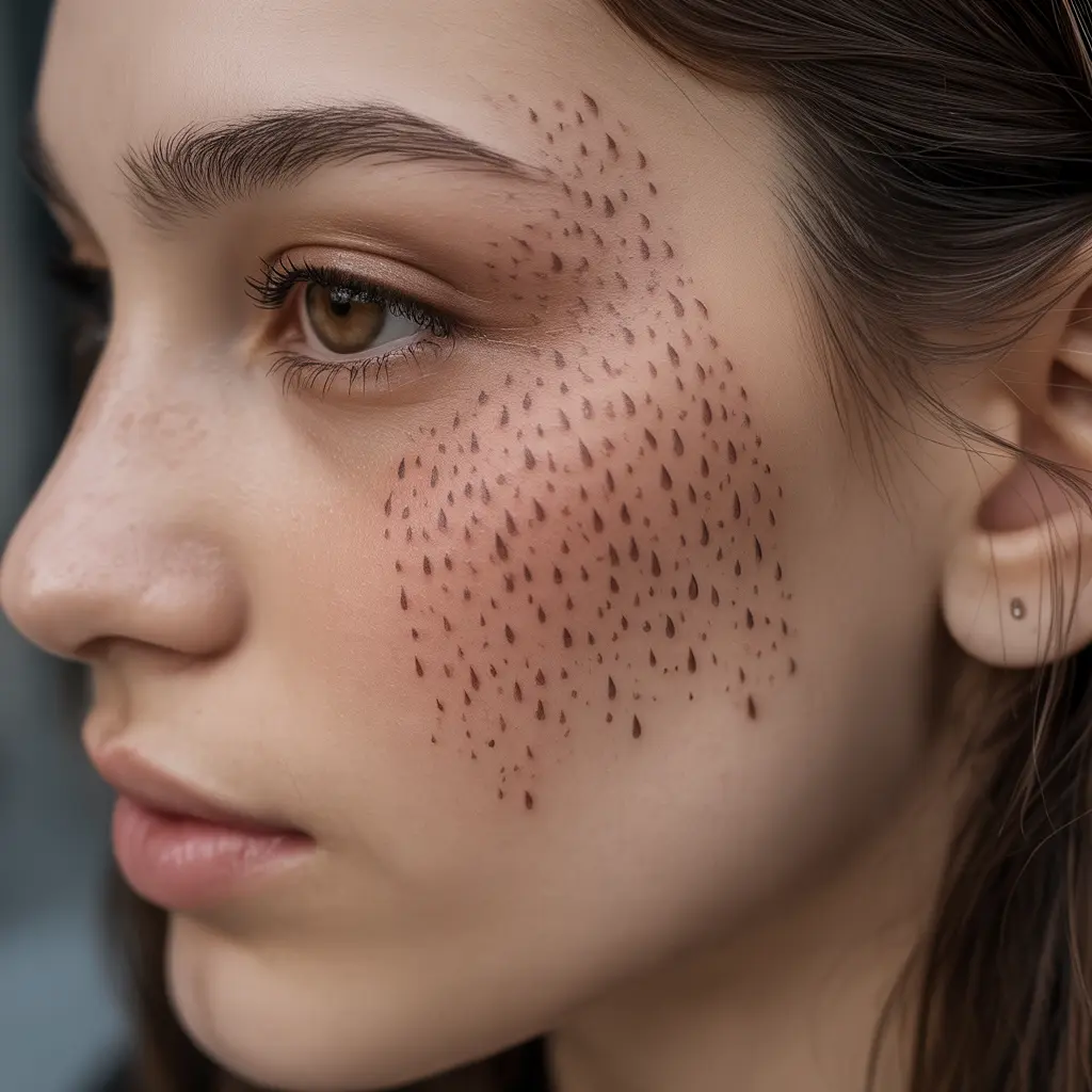 Raindrop Freckle Tattoo – Raindrop-shaped freckle tattoo flowing from temple to cheek, serene and minimal.

