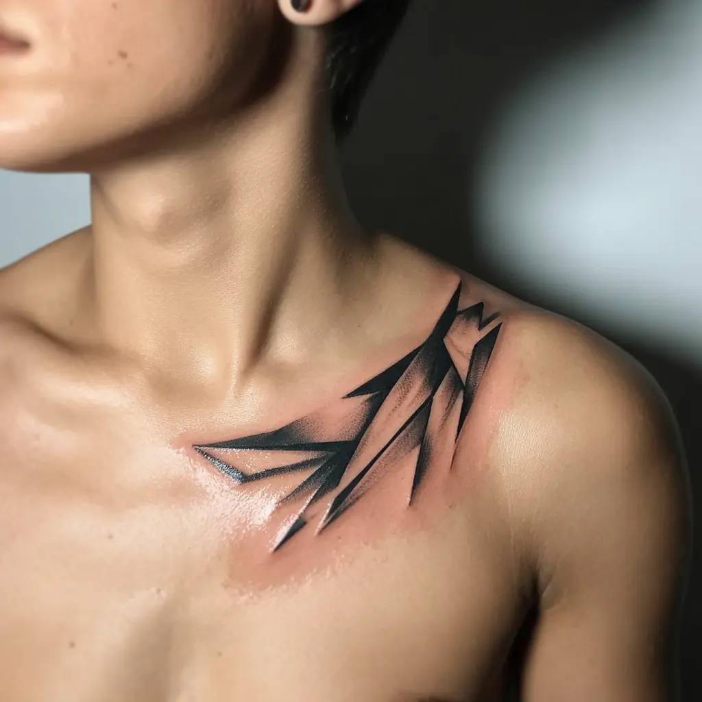 Glass Shards collar bone tattoo with sharp geometric shapes forming an abstract pattern along the bone for a modern look.