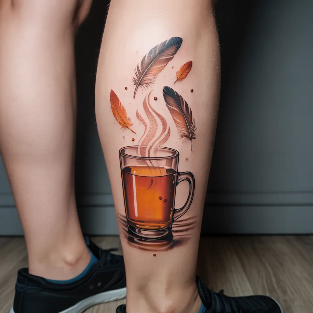 "Cider Glow and Falling Feathers fall tattoo on calf, steaming cider cup with feathers and leaves"