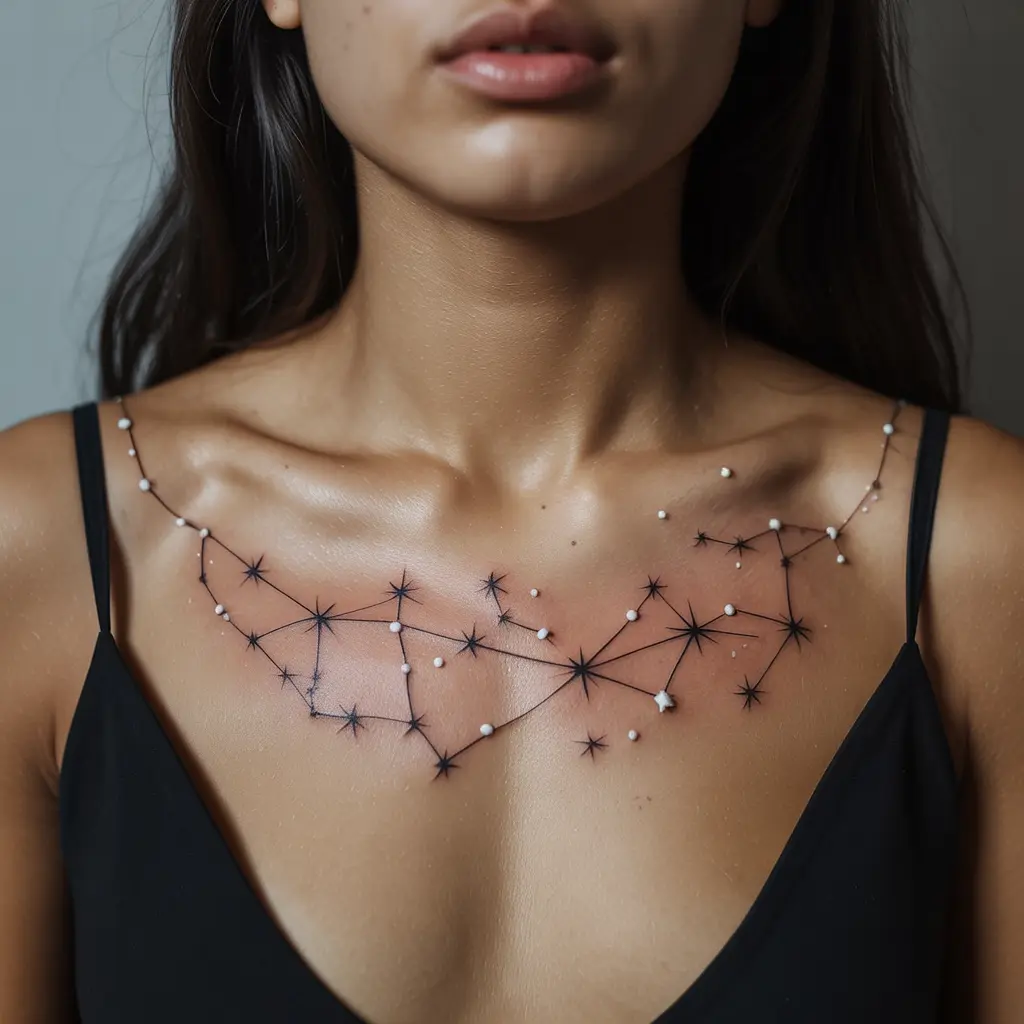 Starfall Garland — Constellations Across the Chest
Starfall Garland chest tattoo female with delicate constellation stars and connecting lines along the collarbones.