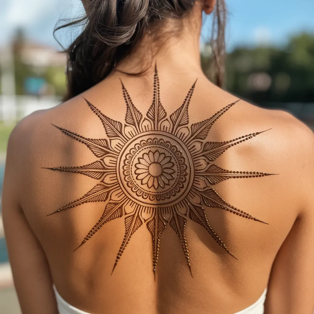 Vibrant Henna Designs with Sun Motifs – Vibrant sun motif henna tattoo designs on upper back.