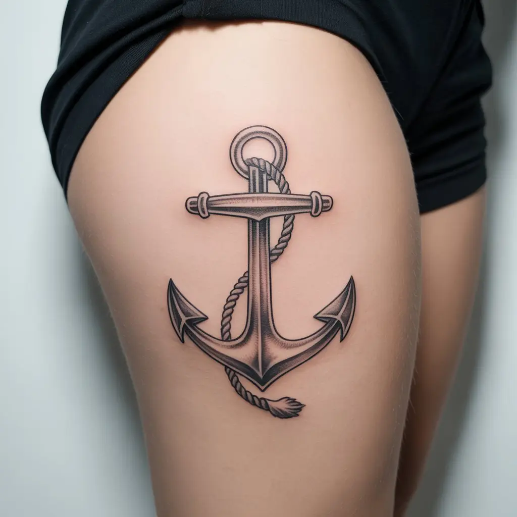 anchor under thigh tattoos women, nautical anchor tattoo design on thigh, symbolic strength body art for women