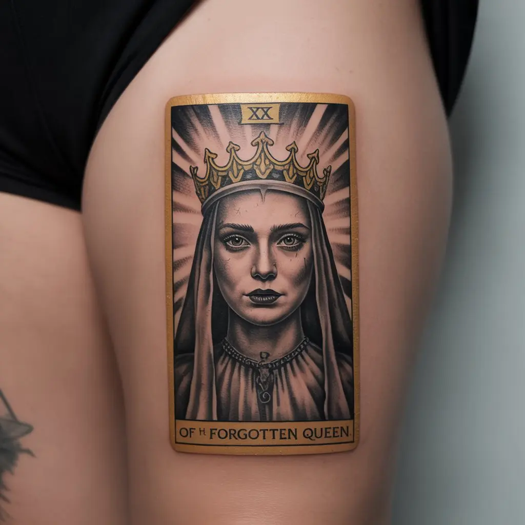 "Gilded Tarot Card of the Forgotten Queen whimsigoth tattoo design featuring gothic tarot card on thigh"