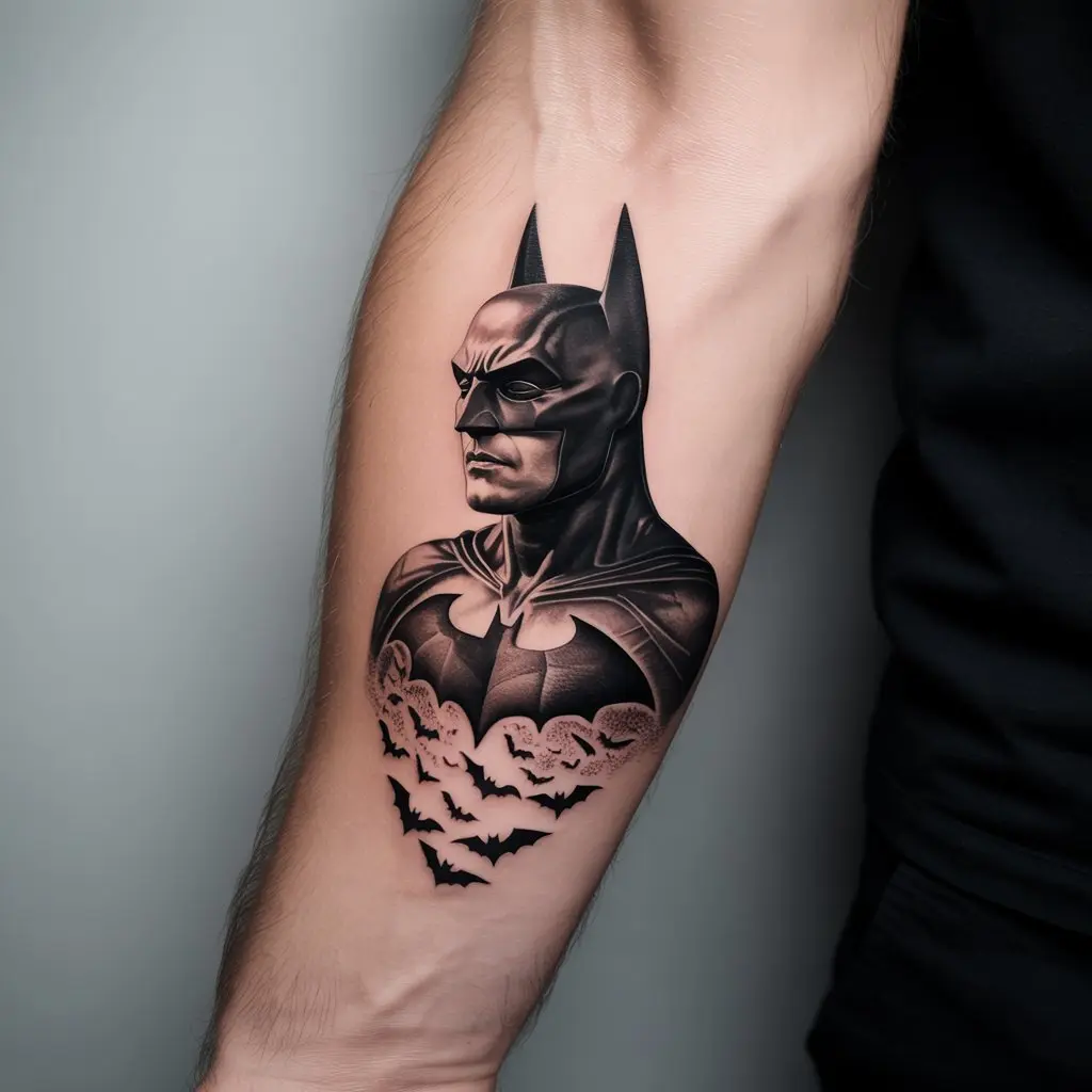 “Forearm Batman tattoo of the Dark Knight dissolving into a swarm of bats, symbol of eternal legend and immortality.”